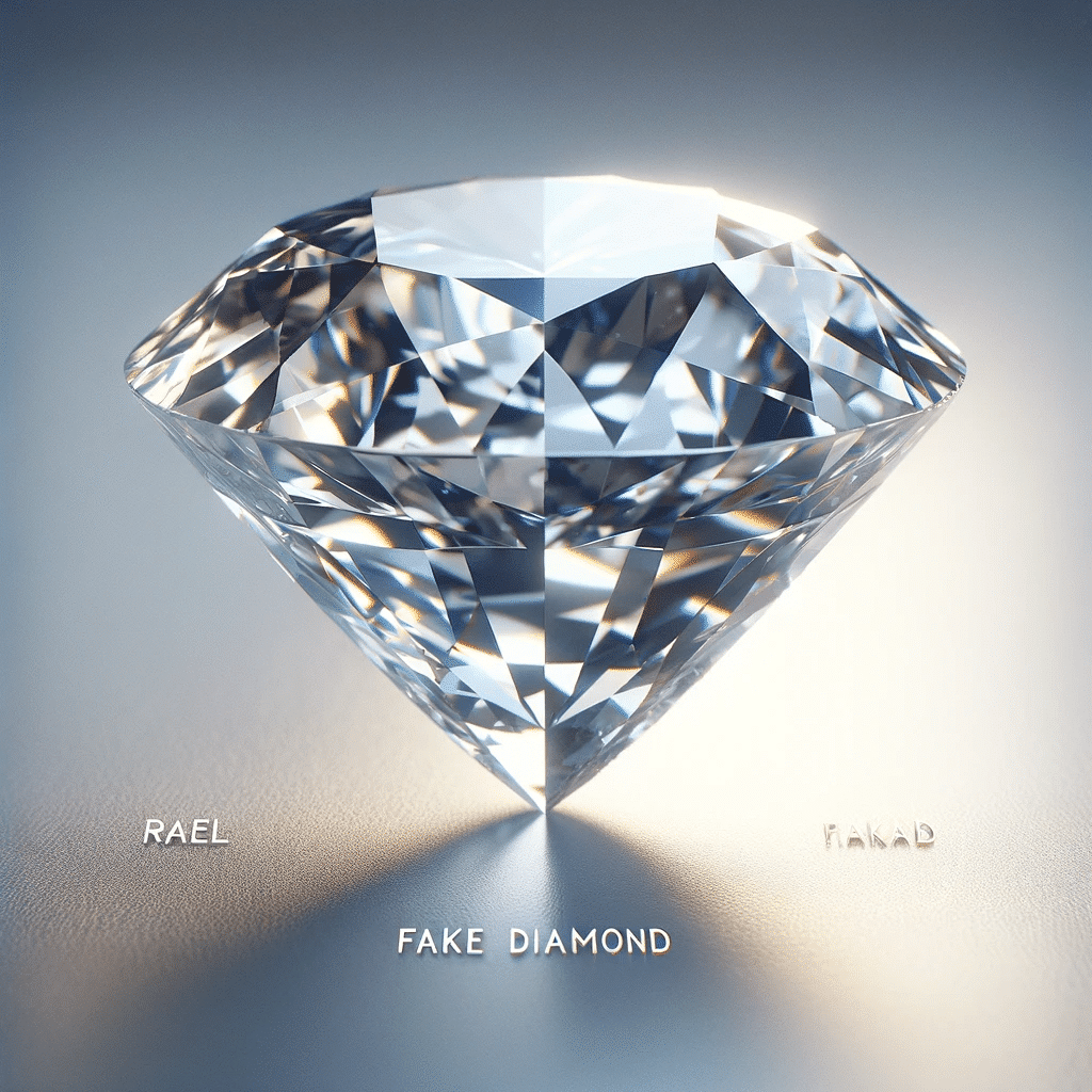 A realistic image comparing a real diamond and a fake diamond side by side. The diamonds should be placed on a plain background, with clear