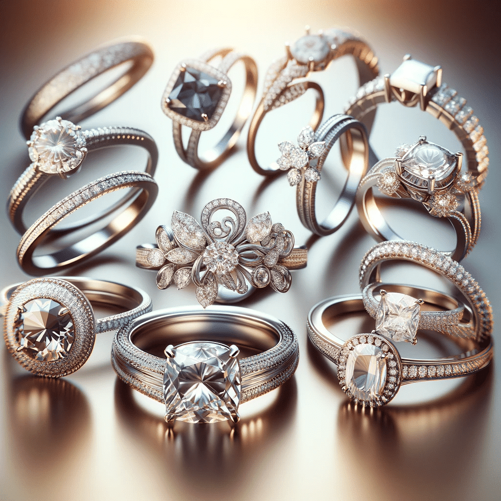 התמונה מציגה מגוון טבעות אירוסין, כל אחת עם סגנון ועיצוב מיוחדים, ומדגישה את הייחוד והיופי של כל טבעת.